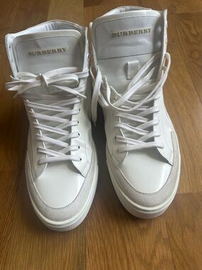 Burberry Cream and White High-Top Leather Sneakers